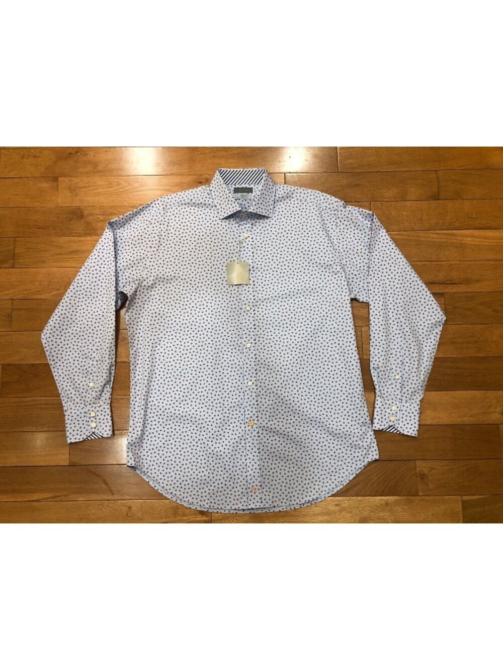 Thomas Dean 100% Cotton Geometric Print Button Front Shirt Light Blue NWT Size L
